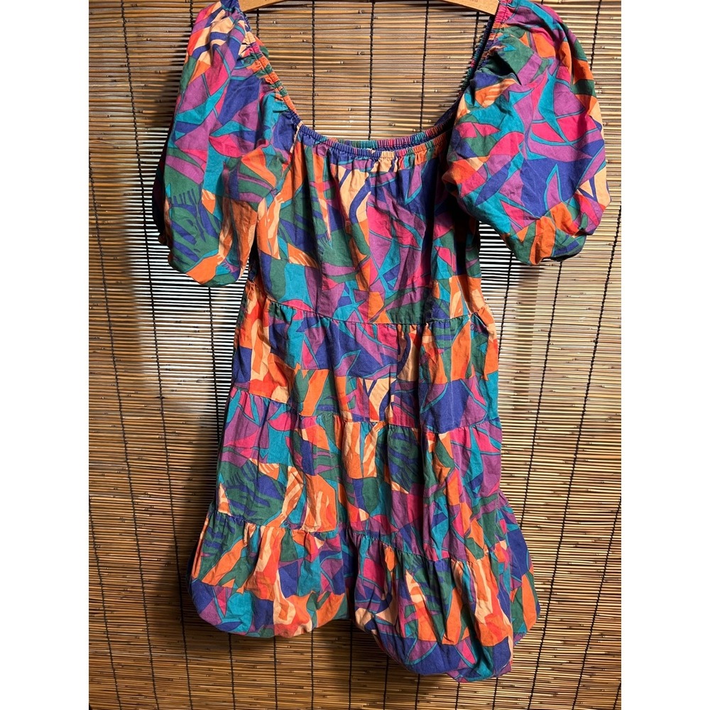 Sim & Sam Abstract Geometric Print Cotton Tiered Mini Dress Puff Sleeve Large